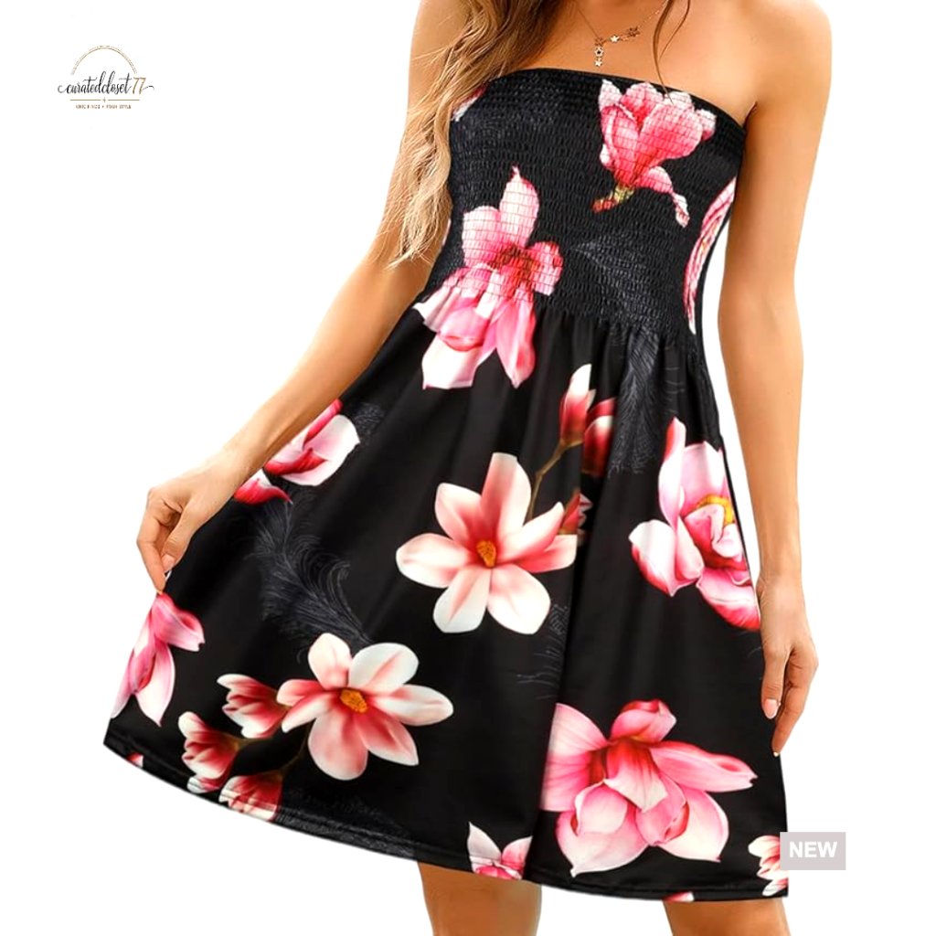Strapless Tube Top Midi Dress Floral Beach Coverup Polyester Loose Fit